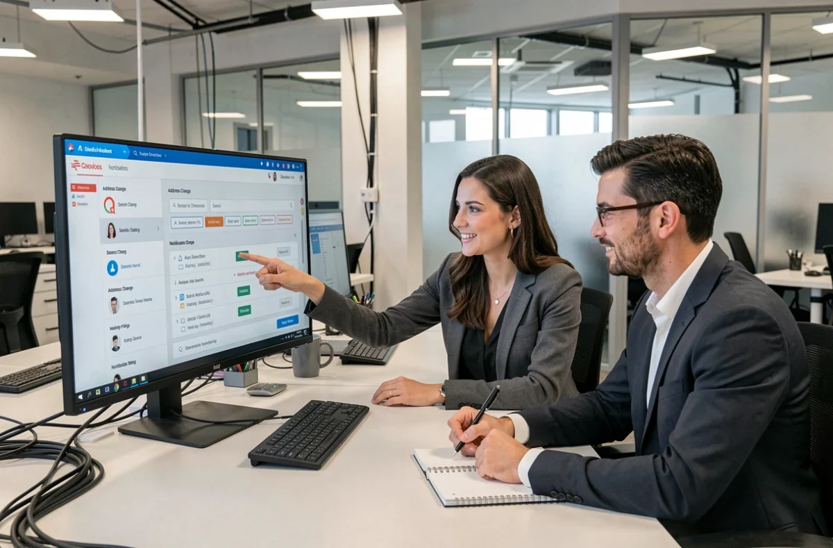 Deux collègues analysant un tableau de bord de suivi des changements d'adresse sur un écran de bureau en open space