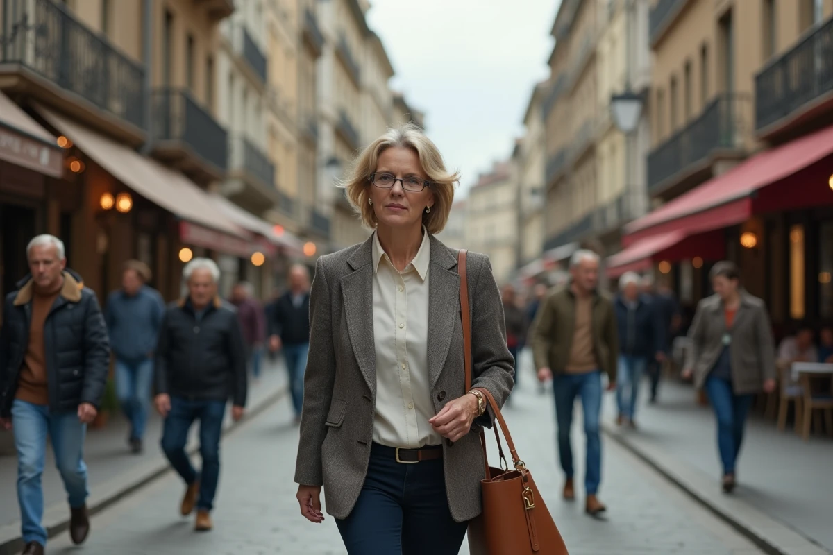 Femme adulte marchant dans une rue animée illustrant le comportement social collectif et le respect implicite des normes sociales urbaines