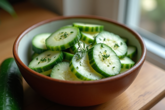 Concombres tranchés avec crème et herbes fraîches dans un bol
