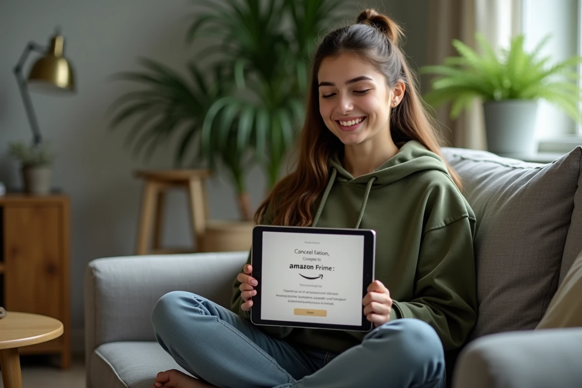 Jeune femme vérifiant la confirmation d'annulation d'Amazon Prime sur une tablette dans son salon