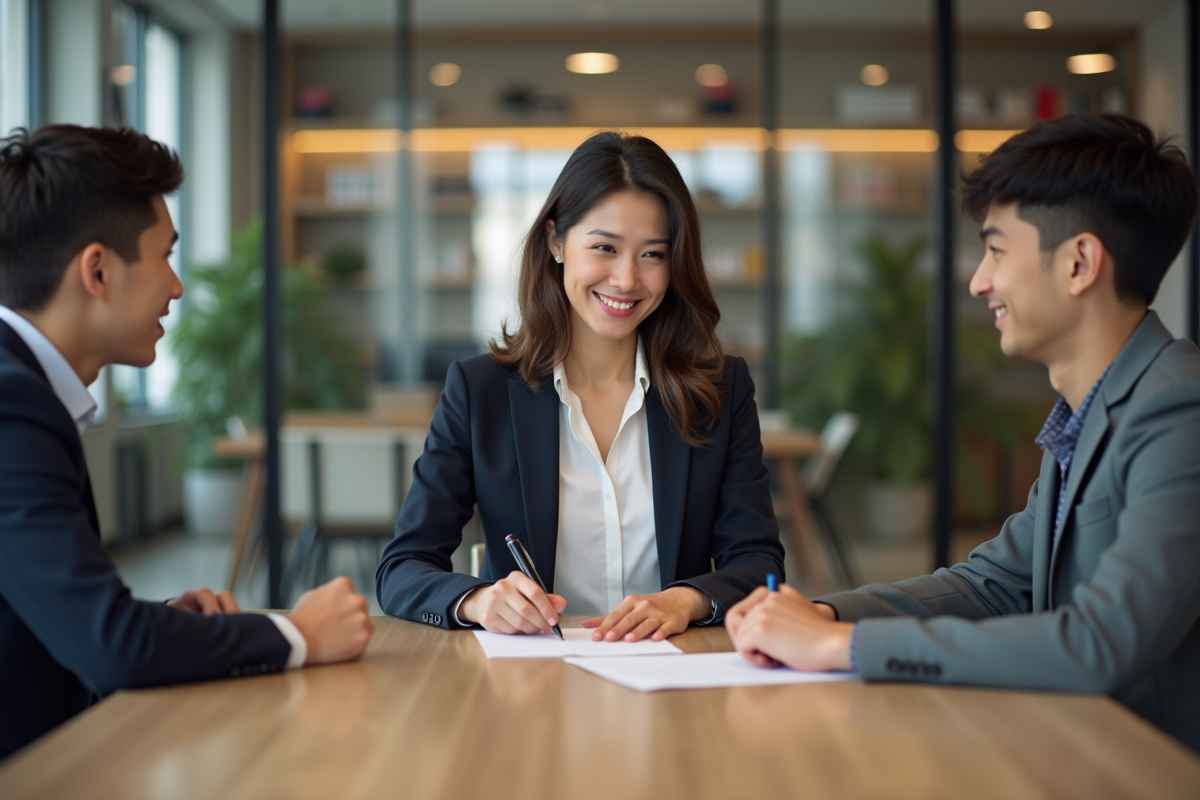 Conseillère bancaire aidant un jeune couple à signer un contrat de prêt