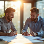 Consultant solaire et client examinant plans dans un bureau lumineux