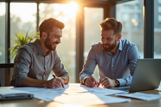 Consultant solaire et client examinant plans dans un bureau lumineux