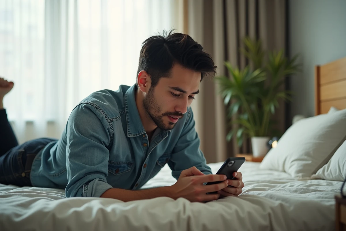 Homme allongé sur son lit consultant la liste des chapitres de ses séries manga sur son smartphone