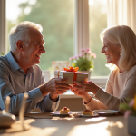 Couple mature échangeant cadeaux anniversaire dans la cuisine