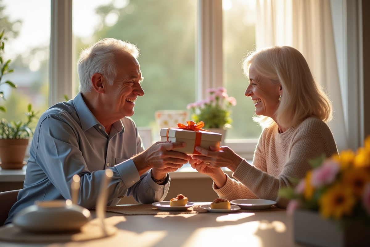 Couple mature échangeant cadeaux anniversaire dans la cuisine