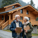 Couple devant un chalet en bois en montagne
