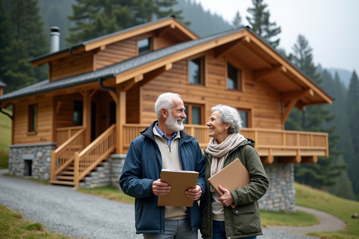 Couple devant un chalet en bois en montagne