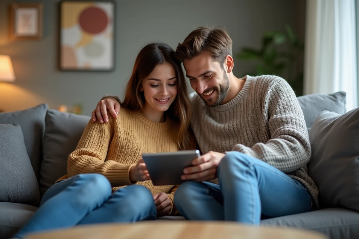 Couple consultant une assurance mobile Chubb SFR sur tablette dans leur salon
