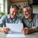 Couple souriant examinant des documents de prêt immobilier