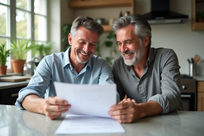 Couple souriant examinant des documents de prêt immobilier