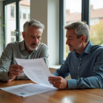 Couple de milieu d'âge examinant des documents de prêt immobilier