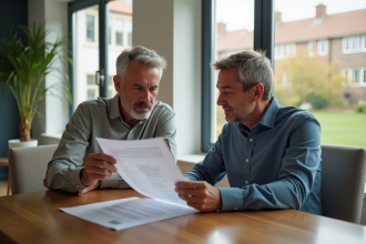 Couple de milieu d'âge examinant des documents de prêt immobilier