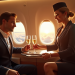 Couple élégant servi champagne dans un avion de luxe