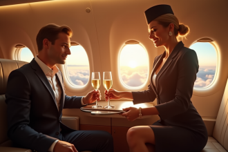 Couple élégant servi champagne dans un avion de luxe