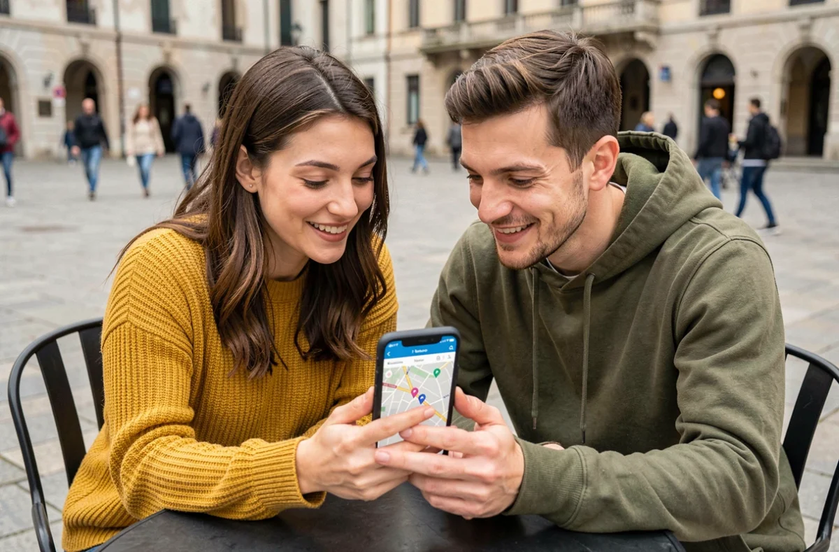 Couple cherchant des toilettes publiques proches sur une application smartphone en terrasse de café
