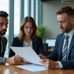 Courtier en prêt immobilier remettant un document à un couple