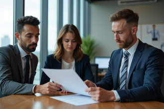 Courtier en prêt immobilier remettant un document à un couple