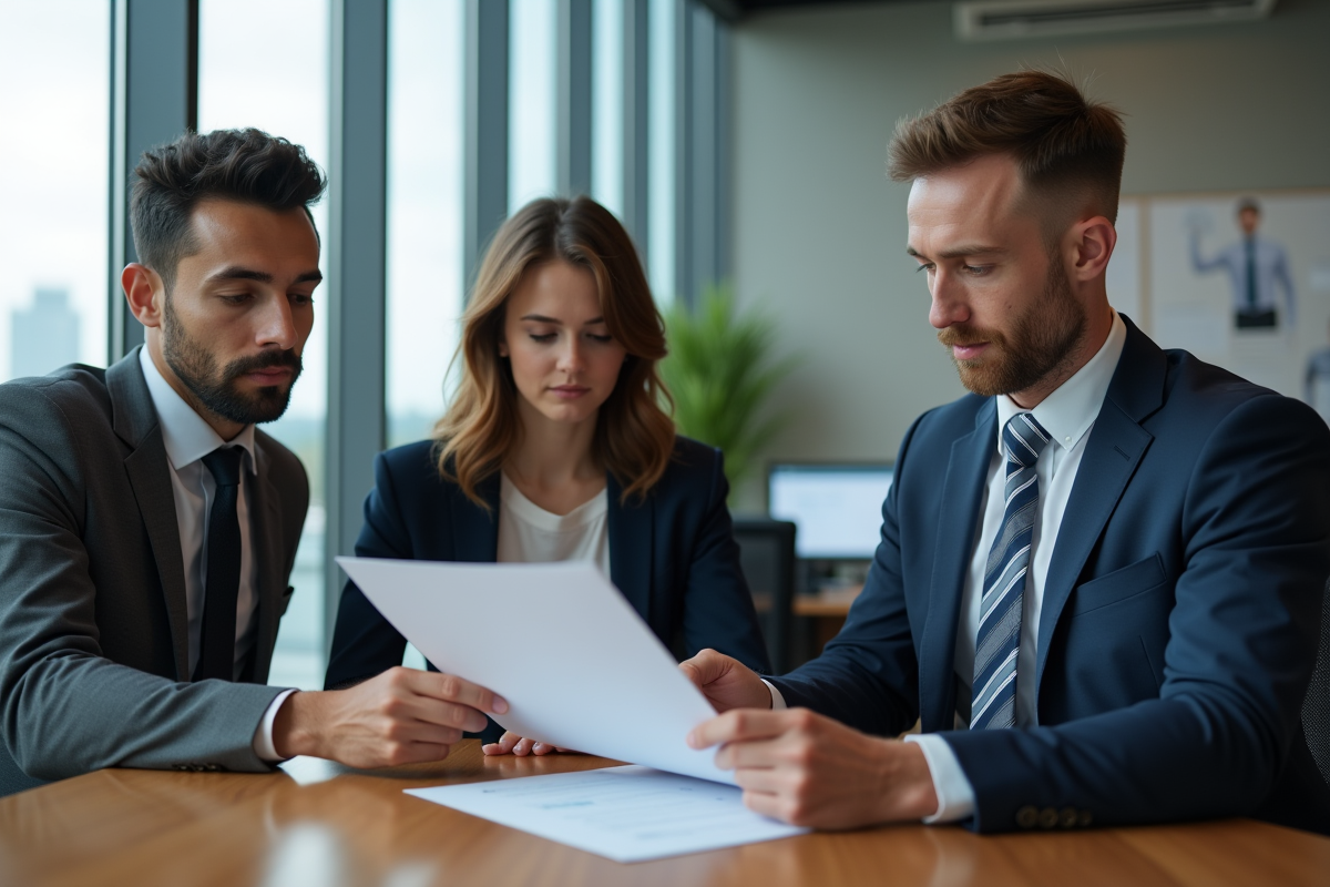 Courtier en prêt immobilier remettant un document à un couple