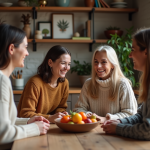 Trois adultes souriants autour d'une table rustique