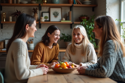 Trois adultes souriants autour d'une table rustique