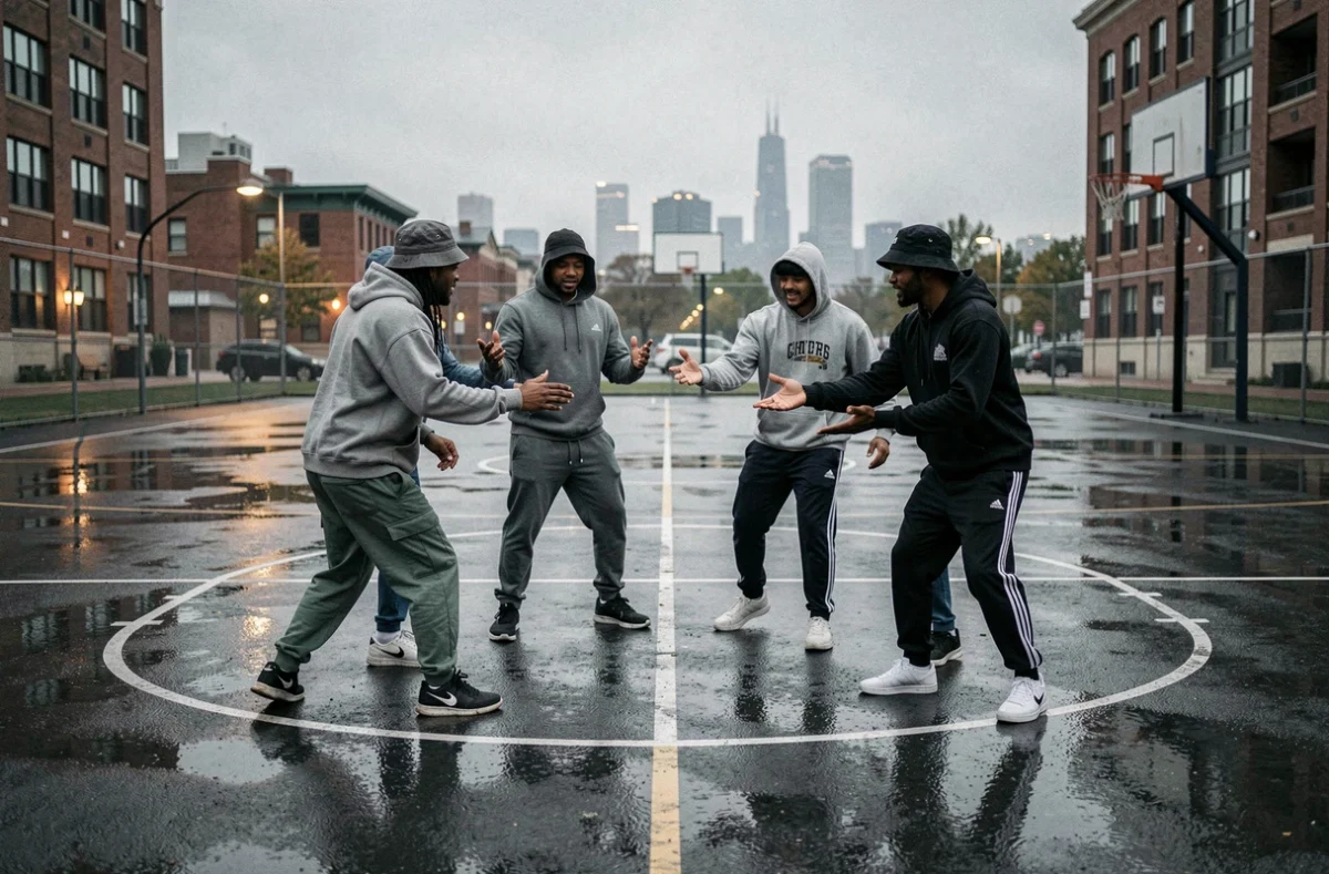 Groupe de jeunes danseurs en cypher freestyle sur un terrain de basket mouillé dans un quartier urbain au crépuscule