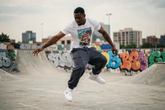 Jeune danseur urbain pratiquant le krump dans une place en béton couverte de graffitis colorés en 2026