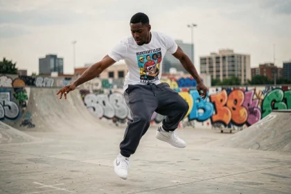 Jeune danseur urbain pratiquant le krump dans une place en béton couverte de graffitis colorés en 2026