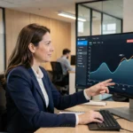 Femme data scientist pointant une courbe ROC avec l'AUC annotée sur un écran de tableau de bord analytique dans un bureau moderne