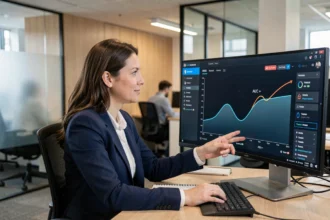 Femme data scientist pointant une courbe ROC avec l'AUC annotée sur un écran de tableau de bord analytique dans un bureau moderne