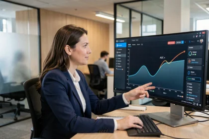 Femme data scientist pointant une courbe ROC avec l'AUC annotée sur un écran de tableau de bord analytique dans un bureau moderne