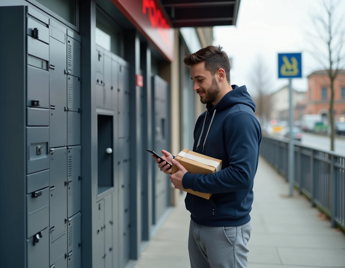 Homme déposant un colis dans un locker automatique Vinted Go devant un supermarché en France