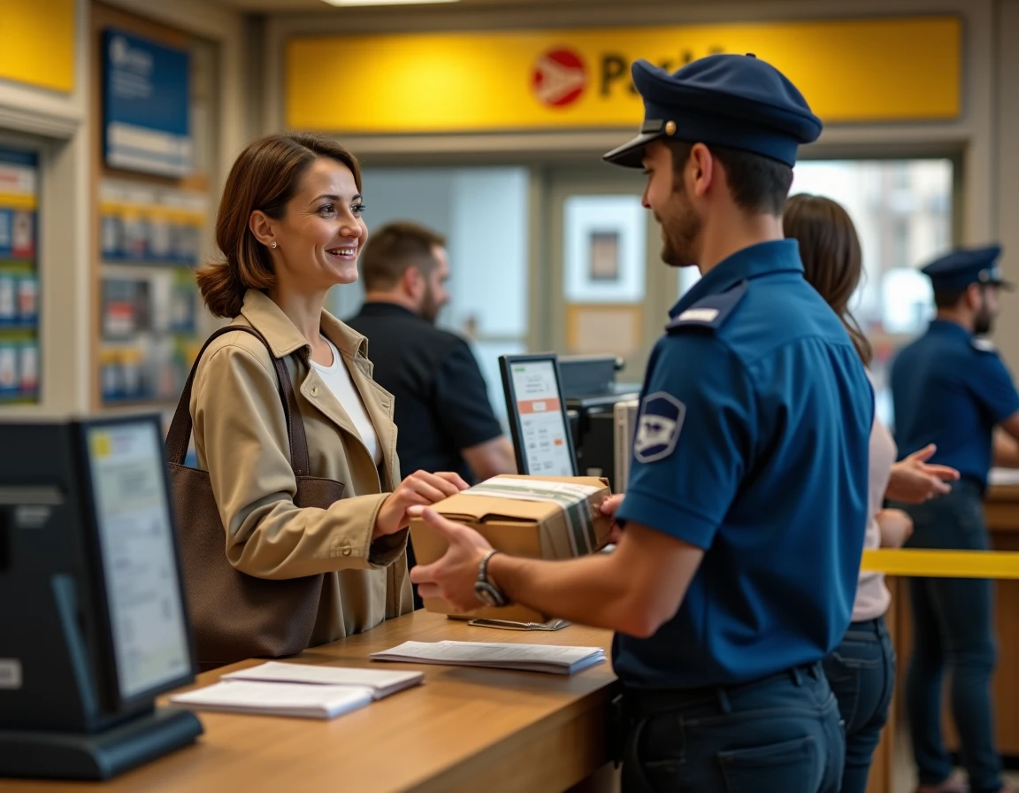 Femme remettant un colis Vinted Go à un agent au guichet d'un bureau de poste en France