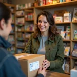 Femme déposant un colis Vinted Go dans un point relais de proximité, comptoir de tabac-presse en France