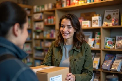 Femme déposant un colis Vinted Go dans un point relais de proximité, comptoir de tabac-presse en France