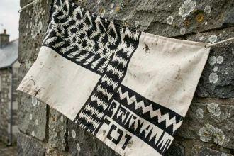 Drapeau breton Gwenn-ha-Du accroché sur un mur en granit d'un village côtier breton, détails des hermines et des bandes noires et blanches visibles