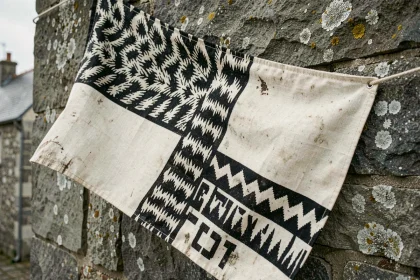 Drapeau breton Gwenn-ha-Du accroché sur un mur en granit d'un village côtier breton, détails des hermines et des bandes noires et blanches visibles