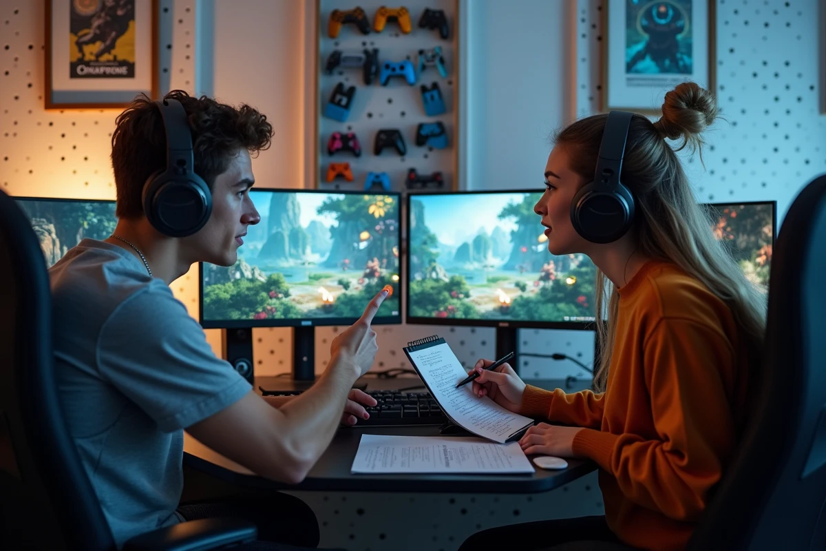 Deux joueurs collaborent pour résoudre un combat difficile bloquant la progression d'une quête dans un MMORPG fantasy