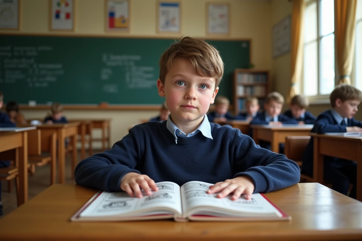 Jeune écolier lisant un livre illustré sur La Marseillaise dans une salle de classe française traditionnelle
