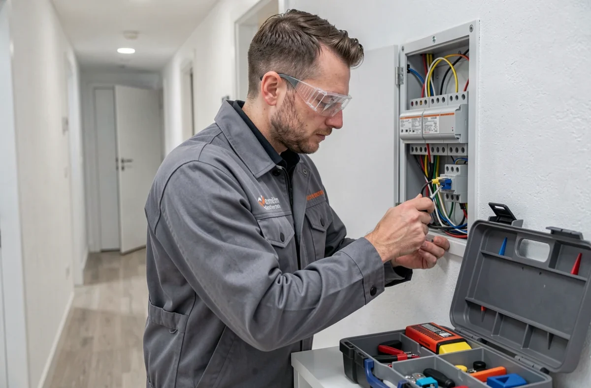 Électricien Elecmi connectant des câbles dans un tableau électrique résidentiel moderne