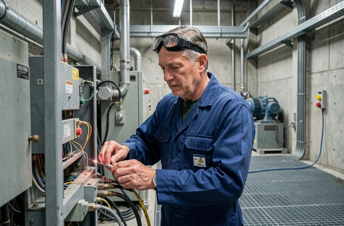 Électricien Électricité Comtoise soudant des connexions dans une installation industrielle de grande envergure dans le Jura