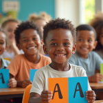 Enfants souriants dans une classe lumineuse avec cartes noms A