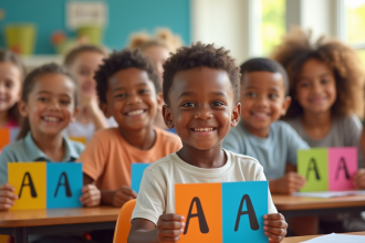 Enfants souriants dans une classe lumineuse avec cartes noms A