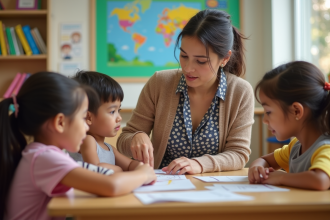 Enseignante et enfants en activité dans une classe colorée