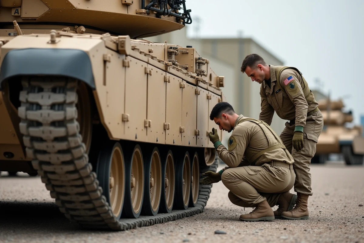Équipage militaire effectuant la maintenance d'un char M1A1 Abrams dans une base opérationnelle avancée
