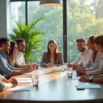 Groupe divers d'employes en réunion de travail dans un bureau lumineux