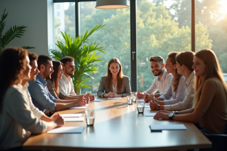Groupe divers d'employes en réunion de travail dans un bureau lumineux