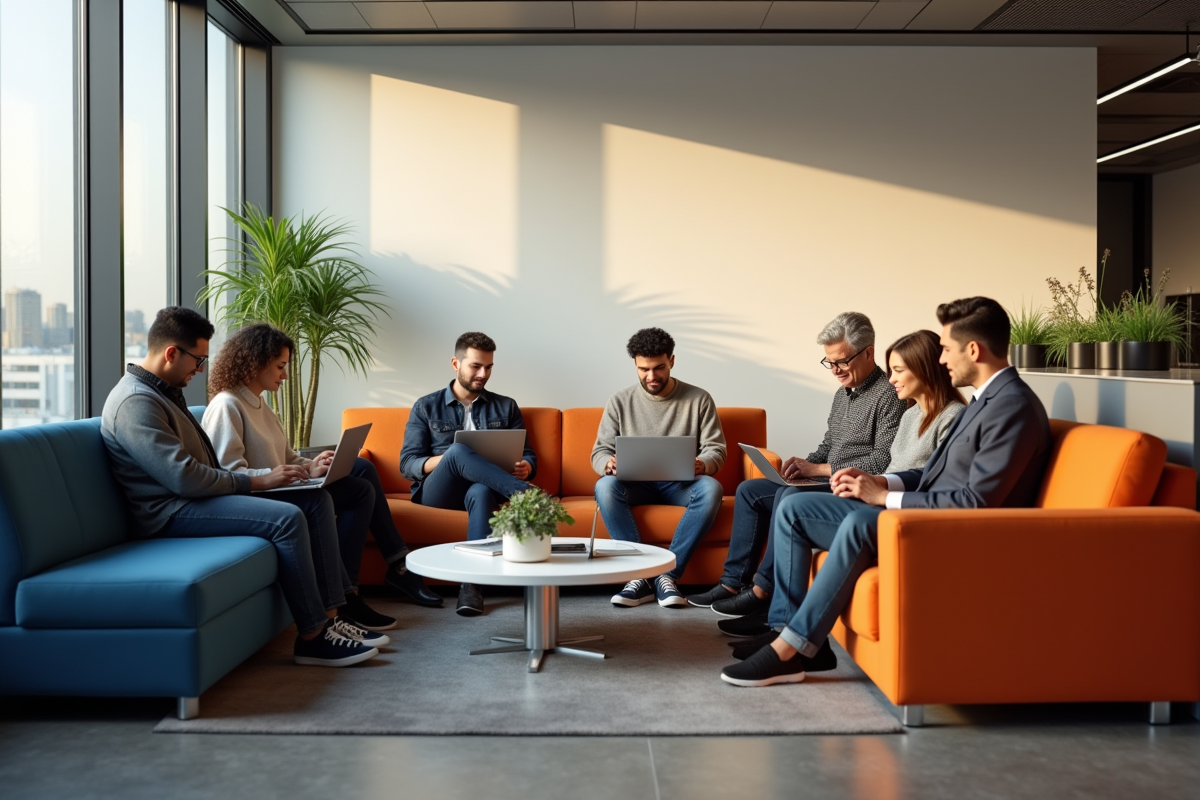 Espace lounge convivial avec professionnels au travail