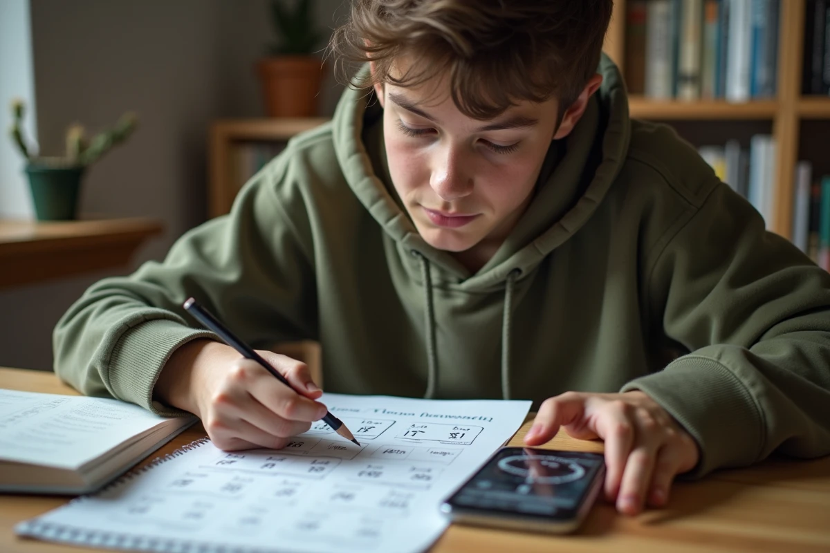 Étudiant adolescent résolvant des exercices de conversion de minutes en heures sur une feuille de calcul mathématique