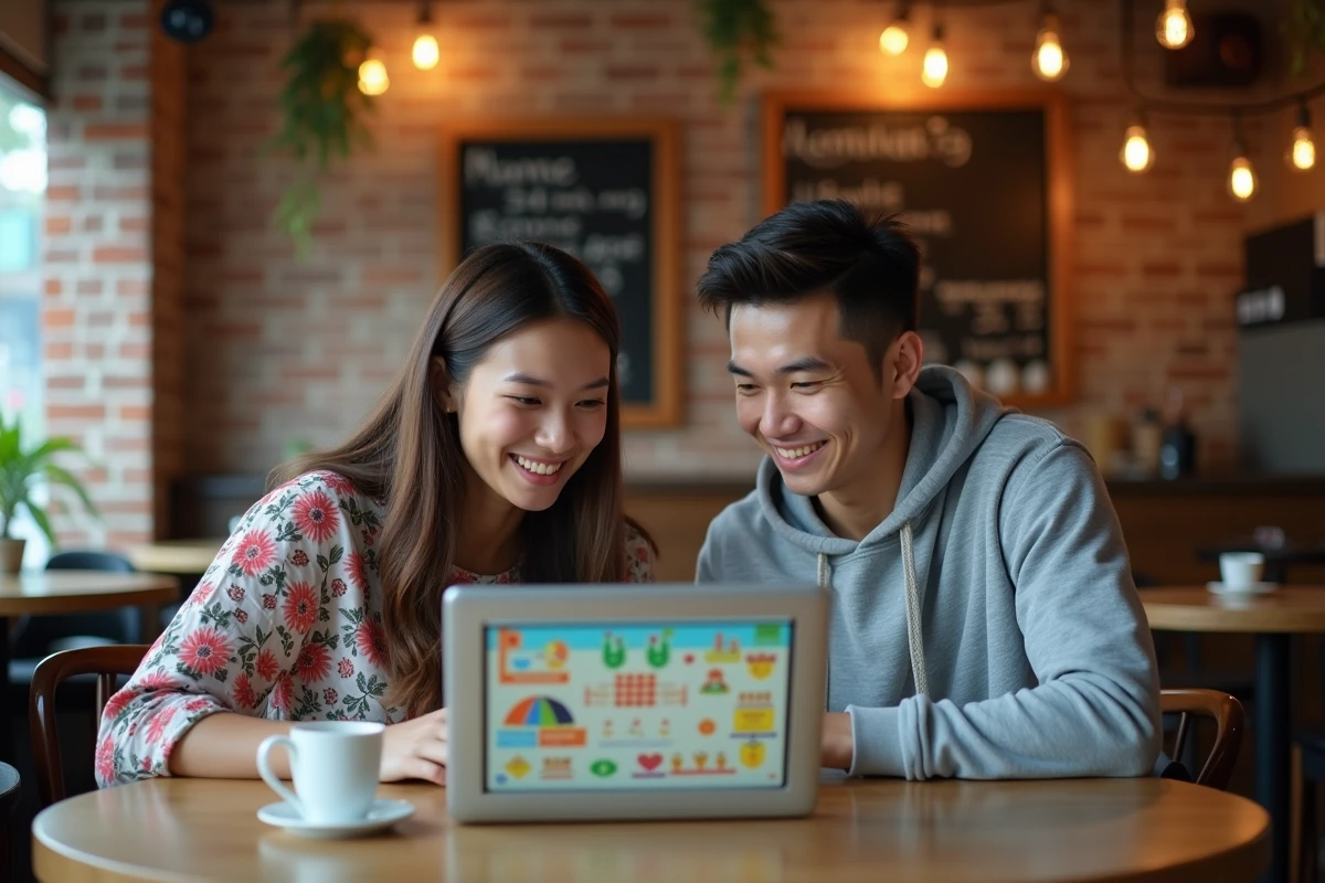 Deux étudiants découvrant ensemble la plateforme Manytoon sur un ordinateur portable dans un café, guide de démarrage pour débutants